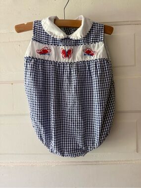 Vintage Blue Gingham Small Steps Baby Romper with Butterfly Detail